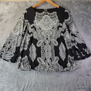 Alfani Women XS BlackWhite Paisley Bell Sleeve Lined‎ Top Business Casual Gothic